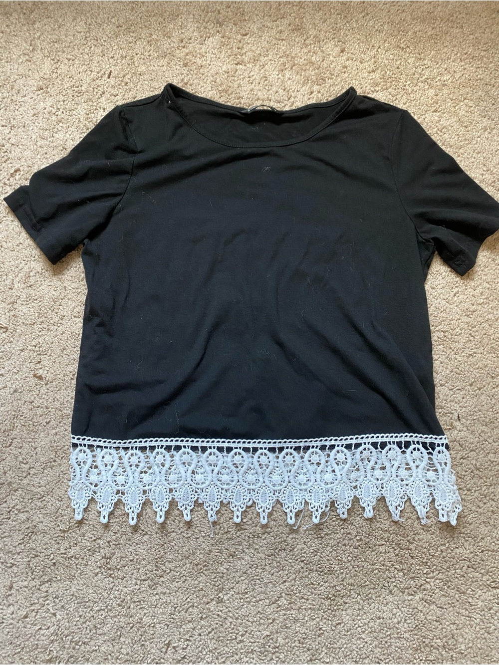 SHEIN Black Tee with White Crochet Trim